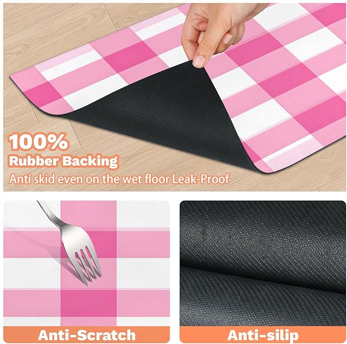 Pink Checkered Dog Food Mat for Floors Absorbent, Quick Dry Water Dispenser Mat for Food, Water, Pet Supplies 12" x 20", Buffalo Plaid