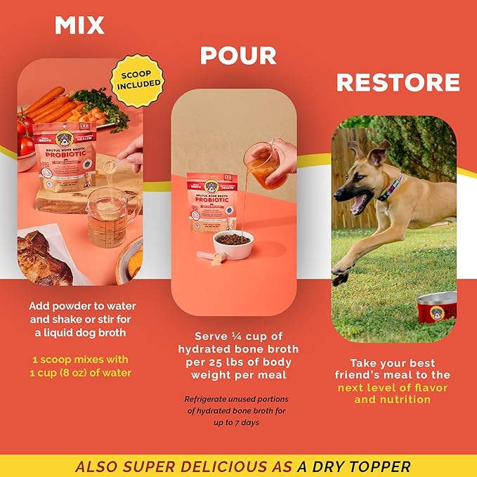 Brutus Broth Dog Food Topper - Bone Broth Powder with Probiotics for Dogs - Made with Natural Ingredients, Human-Grade Quality - Serve Dry or Wet - Pork Flavor - 3.5 oz Pack (Makes 130 oz with Water)