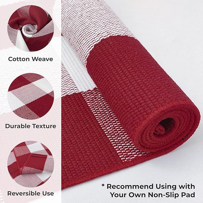 KOZYFLY Buffalo Plaid Rug 3x5 Ft Red and White Checkered Rug Christmas Halloween Fall Door Mat Woven Cotton Washable Area Rugs Door Mat Outdoor Entrance for Front Porch Entryway