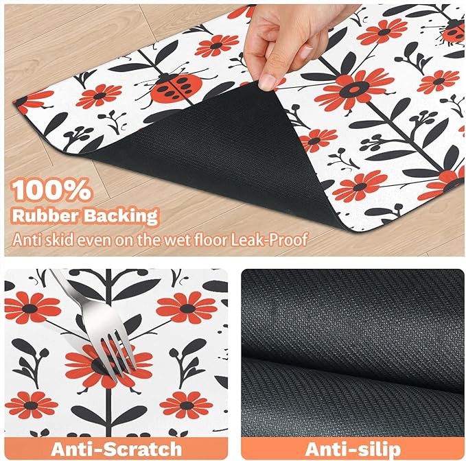 Boho Floral Dog Food Mat for Floors Absorbent, Quick Dry Water Dispenser Mat for Food, Water, Pet Supplies 16" x 24", Red Ladybird