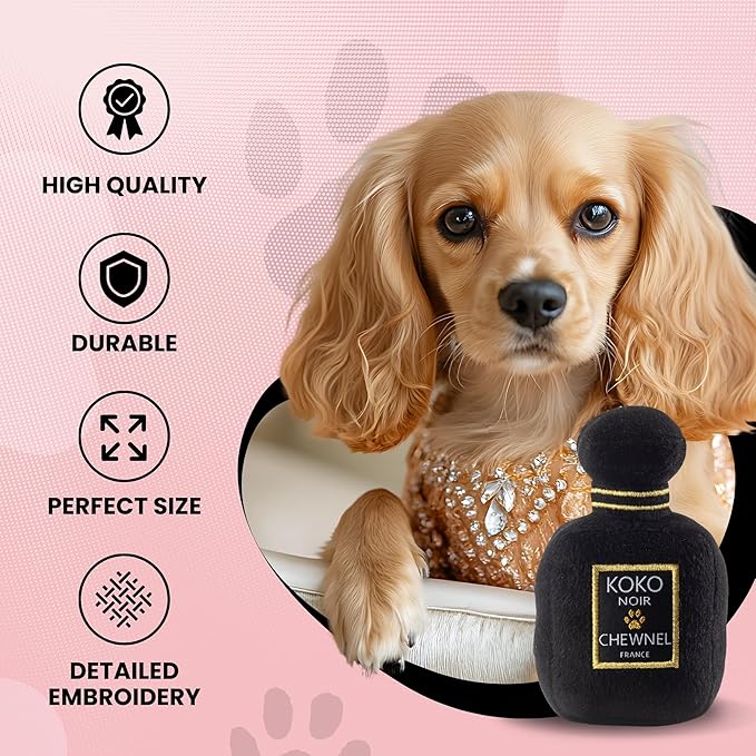 Dog Diggin Designs Chewnel Noir Pawfum Plush Dog Toy Bottle | Luxury-Inspired Parody Designer Perfume Bottle with Squeaker, Soft Plush Fashion Dog Toy – Prêt-à-Porter Play!