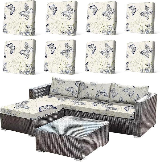 HANDONTIME8Pcs Outdoor Cushion Covers Waterproof Patio Cushion Covers Vintage Stretch Outdoor Couch Cover Replacement Patio Furniture Cover for Pets Sofa Cover Washable (Butterfly,Cover Only)