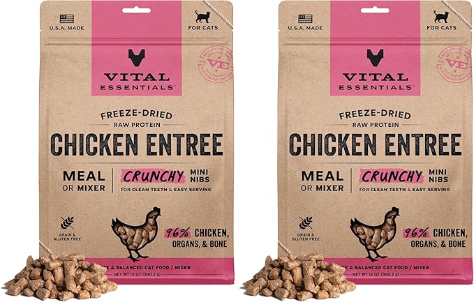 Vital Essentials Freeze Dried Cat Food, Raw Chicken Crunchy Nibs Complete Meal or Mixer High Protein, Low Carb, Grain Free, Dry Cat Food 12 oz, (Pack of 2)
