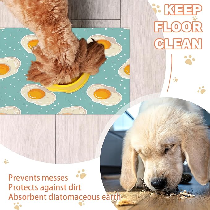 Cute Dog Food Mat for Floors Absorbent Dog Bowl Mat for Food and Water Dispenser Quick Dry Cat Food Placemat Pet Supplies 12" x 20", Egg