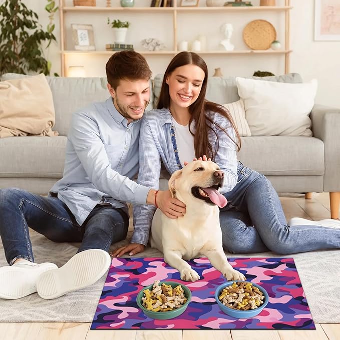 Camouflage Dog Food Mat for Floors Absorbent Dog Bowl Mat for Food and Water Dispenser Quick Dry Cat Food Placemat Pet Supplies 17" x 30", Camo