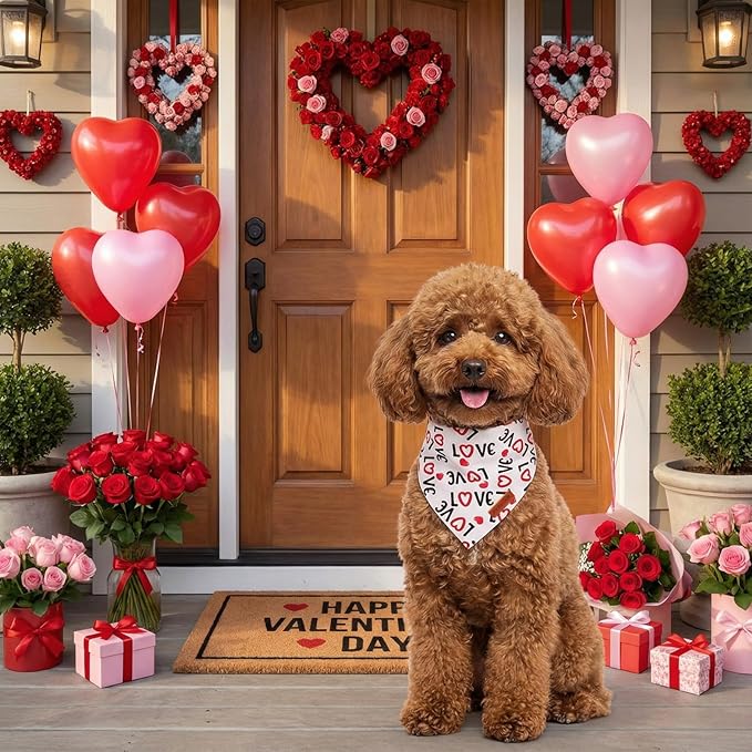 PTDECOR Dog Valentine Bandana, Reversible Love and Heart Print Valentine Pet Scarf, Premium Durable Fabric, White Bandanas for Small Dogs Pets (Small)