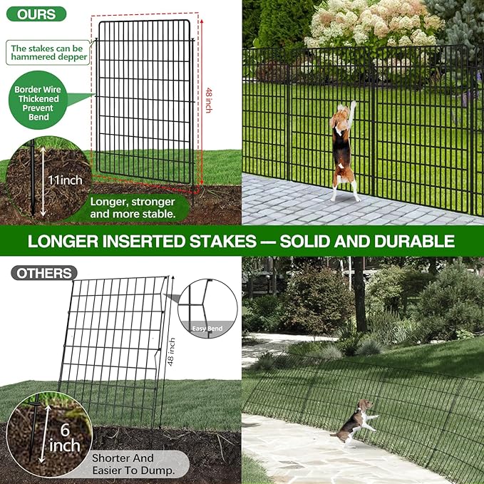 5 Panels Garden Fencing Animal Barrier with Lock, 48 in(H) X 12 Ft(L) Dog Fence Outdoor for Yard Rustproof No Dig Decorative Tall Garden Fence Metal Wire Panel Border Rabbit Ground Stakes Fencing