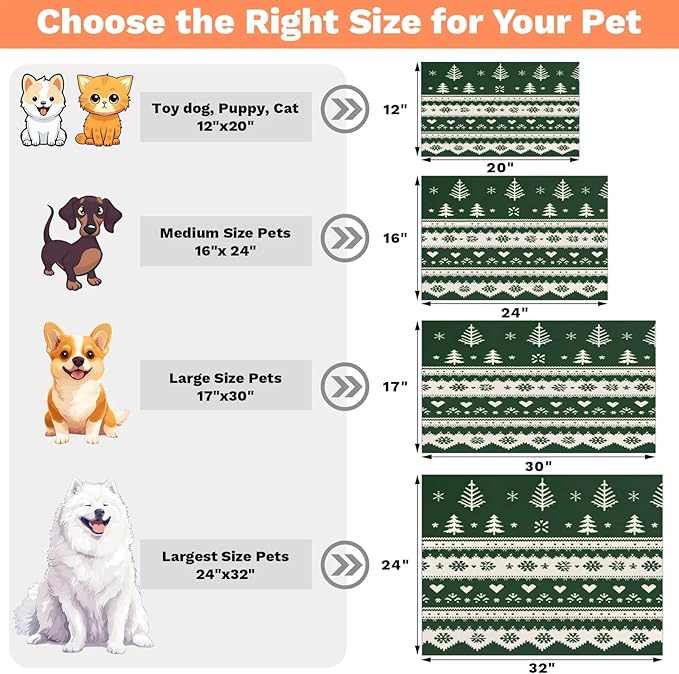 Christmas Trees Dog Food Mat for Floors Absorbent, Quick Dry Water Dispenser Mat for Food, Water, Pet Supplies 16" x 24", Green White Xmas