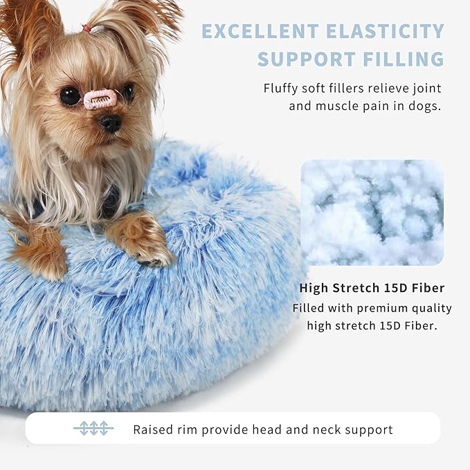 Blue and White Dog Bed Small Washable,Calming Dog Bed for Small Dogs,15 inches Donut Fluffy Pet Beds,Anti Anxiety Round Fits up to 5 lbs Soft Warm Pets Beds for Puppy Dogs Indoor