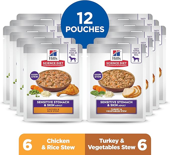 Hill's Science Diet Sensitive Stomach & Skin, Adult 1-6, Stomach & Skin Sensitivity Support, Wet Dog Food, Variety Pack: Chicken, Turkey Stew, 2.8 oz Pouch, Case of 12