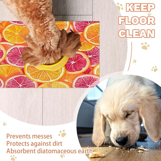 Lemon Fruit Dog Food Mat for Floors Absorbent Dog Bowl Mat for Food and Water Dispenser Quick Dry Cat Food Placemat Pet Supplies 16" x 24", Orange