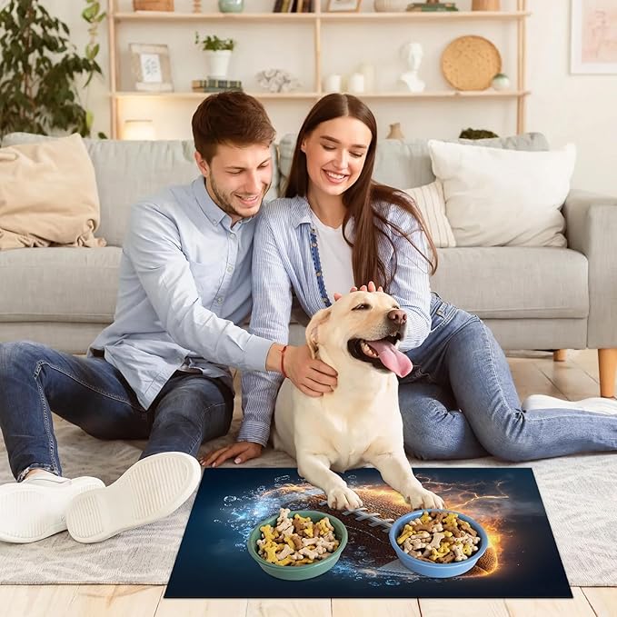 Sports Rugby Dog Food Mat for Floors Absorbent, Quick Dry Water Dispenser Mat for Food, Water, Pet Supplies 12" x 20", Lightning Football