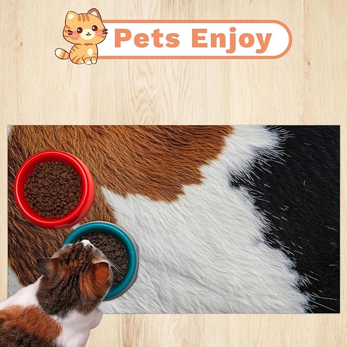 Cow Print Dog Food Mat for Floors Absorbent Dog Bowl Mat for Food and Water Dispenser Quick Dry Cat Food Placemat Pet Supplies 24" x 32", Black Brown Skin