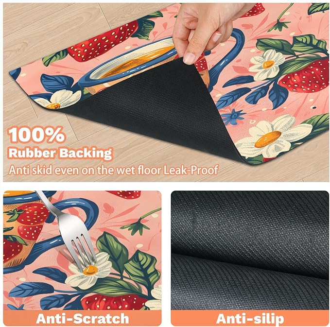 Red Strawberry Dog Food Mat for Floors Absorbent Dog Bowl Mat for Food and Water Dispenser Quick Dry Cat Food Placemat Pet Supplies 16" x 24", Flower