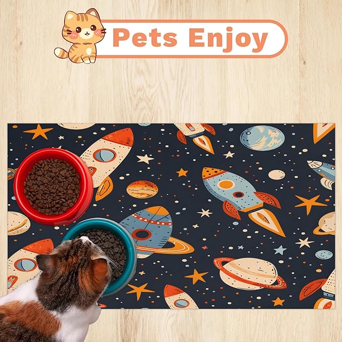 Rocket Dog Food Mat for Floors Absorbent, Quick Dry Water Dispenser Mat for Food, Water, Pet Supplies 17" x 30", Outer Space