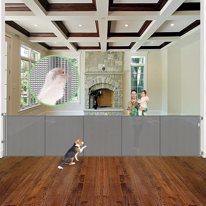 Reinforced 37" Tall x 155" Extra Wide Retractable Baby Gates with Reinforced Rods, 13ft Extra Wide Dog Gate – Prevents Crawling Under, Retractable Pet Gate Retractable Fence Garage Gates for Dogs/Gray