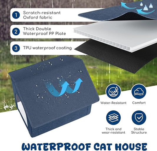 Outdoor Cat House Weatherproof, Insulated Cat Dog Houses for Outdoor/Indoor Cats for Winter, Waterproof Feral Stray Cat Shelter with Warm Cushion for All Seasons, Easy to Assemble, Navy Blue
