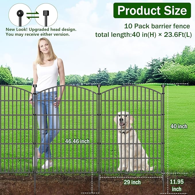 10 Panels No Dig Decorative Garden Fence - 40 in (H) x 23.6 ft (L), Dog Fence Outdoor for Yard，Rustproof Metal Animal Barrier Ground Stakes Fencing for Garden, Patio, Flower Bed