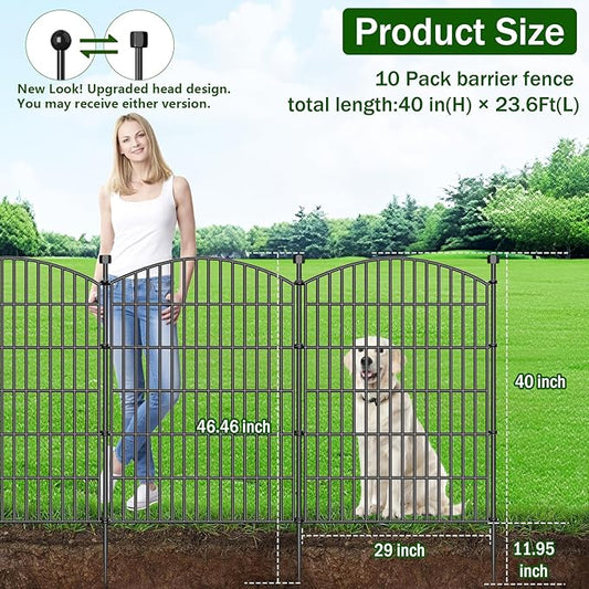 10 Panels No Dig Decorative Garden Fence - 40 in (H) x 23.6 ft (L), Dog Fence Outdoor for Yard，Rustproof Metal Animal Barrier Ground Stakes Fencing for Garden, Patio, Flower Bed