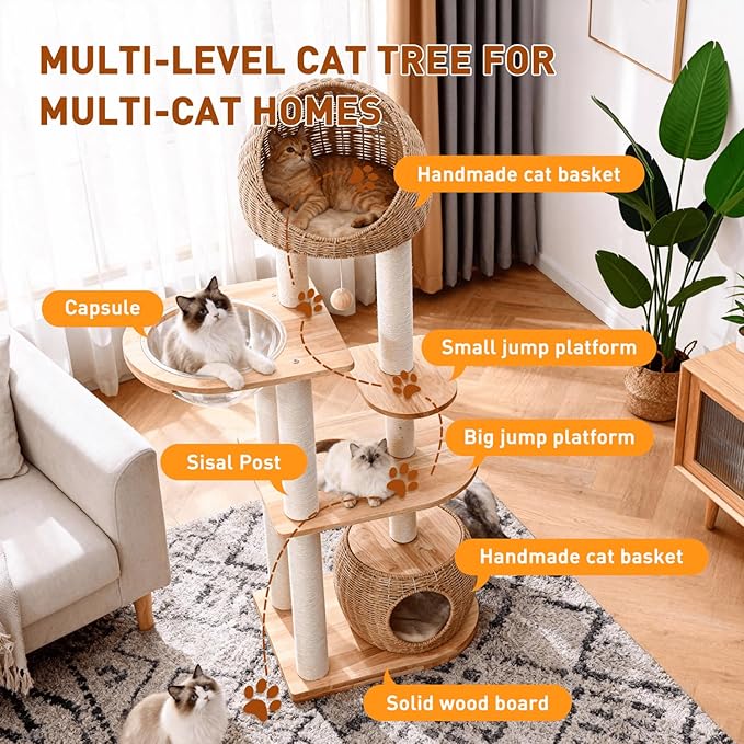Modern Cat Tree Wood for Indoor Cats, 59-Inch Multi-Level Cat Tower with Scratching Post for Large Cats, Sturdy Cat Condo with Two Handwoven Basket and Capsule, Easy to Clean