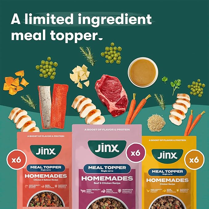 Jinx Wet Dog Food Toppers, Variety Pack - Mix with Dry Dog Food, Made with Real Chicken, Beef, Salmon, No Fillers, Puppy, Adult, Senior, 3oz, 18 Pack