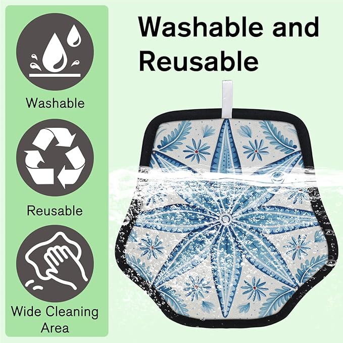 Reusable Pet Hair Removal Glove Blue Flowers Style Magic Brush for Cat & Dog Hair Remover for Car, Sofa, Bedding, Clothes - 9x9 Mitt Washable