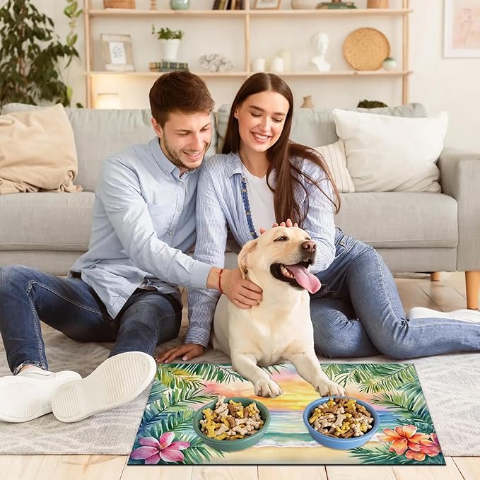 Tropical Flower Dog Food Mat for Floors Absorbent, Quick Dry Water Dispenser Mat for Food, Water, Pet Supplies 24" x 32", Summer Hawaii