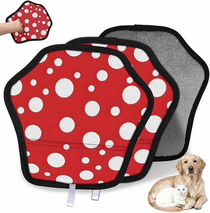 Round Dots Print Electrostatic Pet Hair Removal Glove for Cats & Dogs - Reusable Grooming Mitt for Couch, Carpet, Car Seat & Laundry - Large 9x9 Inch