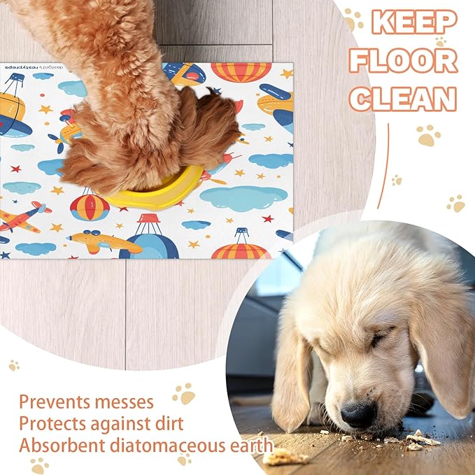 Airplane Dog Food Mat for Floors Absorbent, Quick Dry Water Dispenser Mat for Food, Water, Pet Supplies 24" x 32", Rainbow Clouds