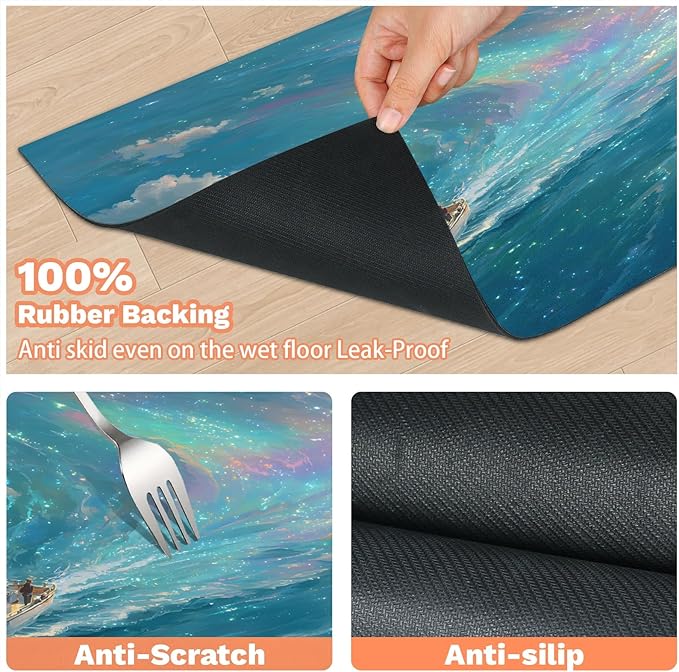 Beach Dog Food Mat for Floors Absorbent, Quick Dry Water Dispenser Mat for Food, Water, Pet Supplies 16" x 24", Night Ship