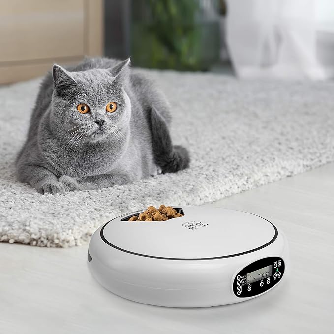 Arf Pets Automatic Pet Feeder, 5 Meal Food Dispenser for Dogs, Cats & Small Animals w/Programmable Timer, Dishwasher-Safe Tray Feeds Wet or Dry Food - (Serves 4 Meals Per Day) Adopter Included