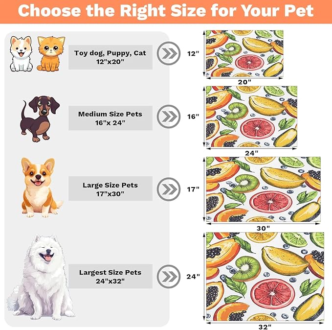 Summer Fruit Dog Food Mat for Floors Absorbent Dog Bowl Mat for Food and Water Dispenser Quick Dry Cat Food Placemat Pet Supplies 17" x 30", Cute Tropical Fruit