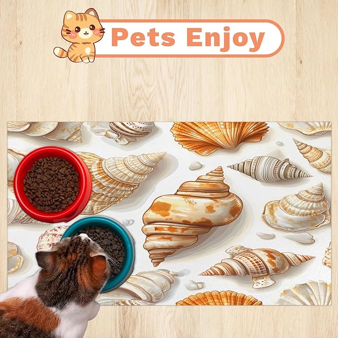 Ocean Theme Dog Food Mat for Floors Absorbent Dog Bowl Mat for Food and Water Dispenser Quick Dry Cat Food Placemat Pet Supplies 17" x 30", Seashell Beach