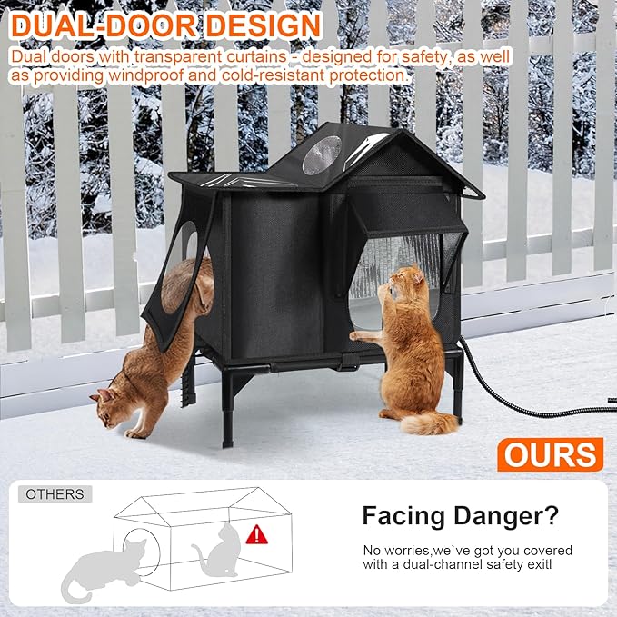 Heated Outdoor Cat House Weatherproof with Heating Pad, Insulated Feral Cat Houses for Outdoor Cats, Safe Escape Door, Heated Cats House for Outside, Outside Stray Cats Shelter with Elevated Base(S)