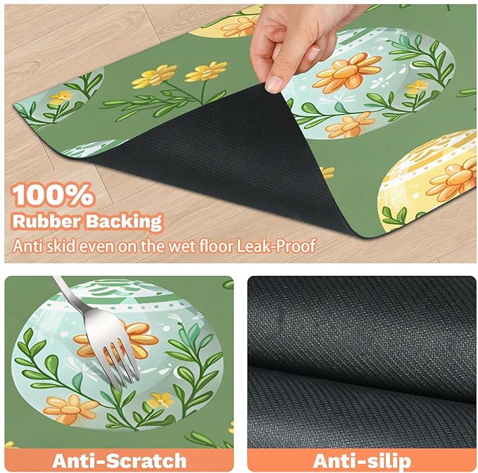 Happy Easter Dog Food Mat for Floors Absorbent Dog Bowl Mat for Food and Water Dispenser Quick Dry Cat Food Placemat Pet Supplies 24" x 32", Floral Eggs
