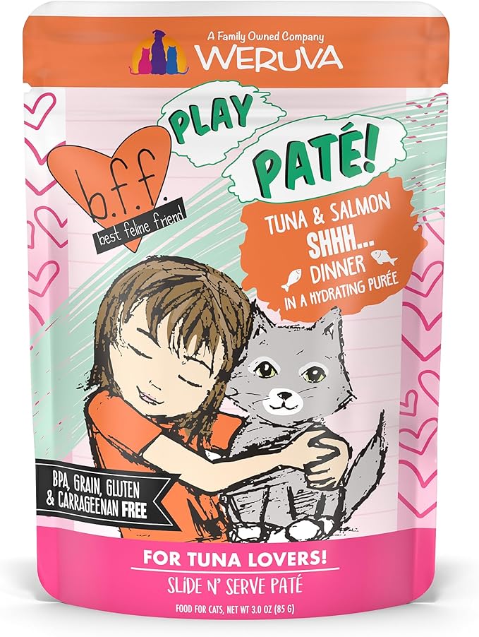 Weruva B.F.F. Play - Best Feline Friend Paté Lovers, Aw Yeah!, Tuna & Salmon Shhh... with Tuna & Salmon, 3oz Pouch (Pack of 12)
