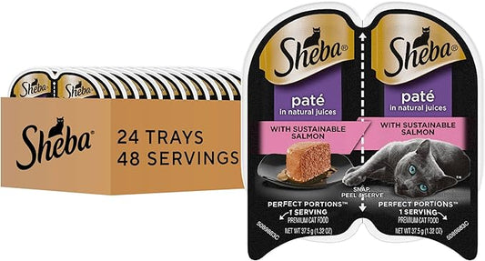 Sheba Perfect Portions Wet Cat Food Pate Sustainable Salmon Entree, 2.6 oz. Twin-Pack Trays, Cat Food Wet Recipe (24 Count, 48 Servings)