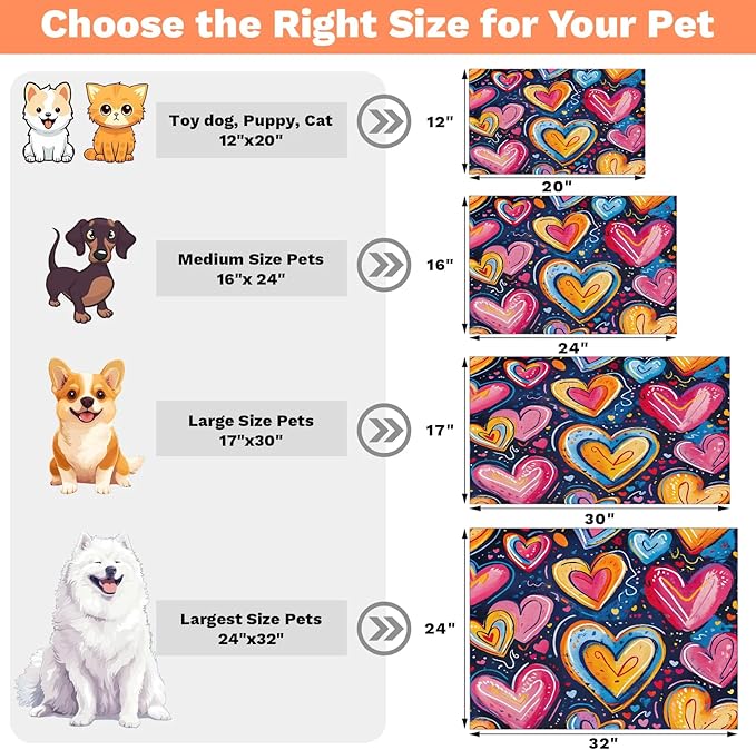 Heart Dog Food Mat for Floors Absorbent, Quick Dry Water Dispenser Mat for Food, Water, Pet Supplies 16" x 24", Love Theme