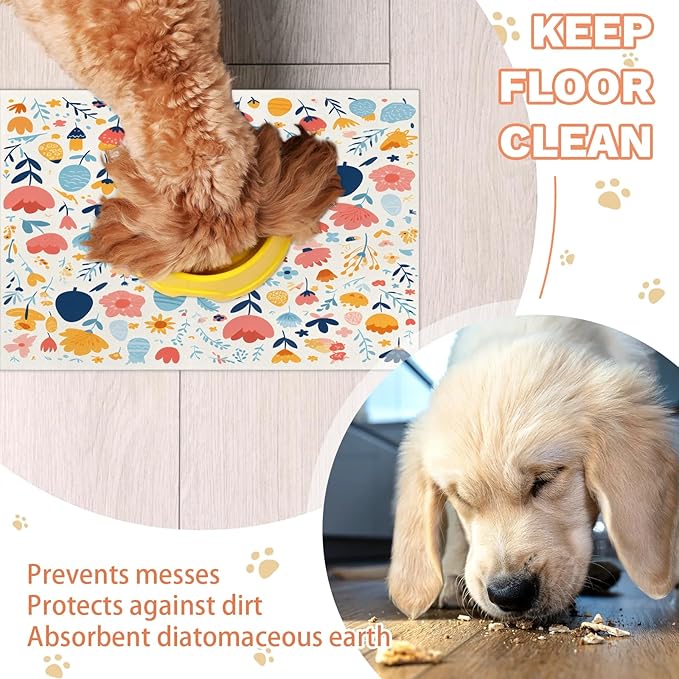Easter Egg Dog Food Mat for Floors Absorbent Dog Bowl Mat for Food and Water Dispenser Quick Dry Cat Food Placemat Pet Supplies 12" x 20", Boho Flower