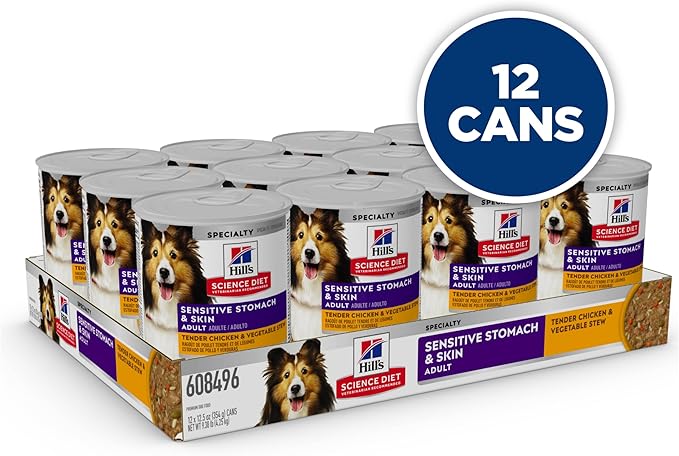 Hill's Science Diet Sensitive Stomach & Skin, Adult 1-6, Stomach & Skin Sensitivity Support, Wet Dog Food, Chicken & Barley Stew, 12.5 oz Can, Case of 12