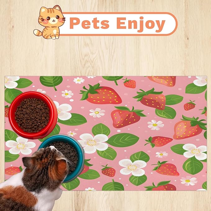 Cute Strawberry Dog Food Mat for Floors Absorbent Dog Bowl Mat for Food and Water Dispenser Quick Dry Cat Food Placemat Pet Supplies 12" x 20", Fruit Floral