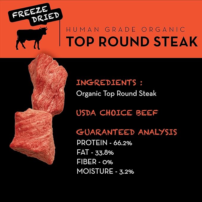 SIMBA'S WAY - Freeze Dried TOP Round Steak. Dog Treats, Organic Human Grade, Single Ingredient, All Natural, No Preservatives, Made in The USA, USDA Grade. [ 3 .oz ] [ 1 Pack ]