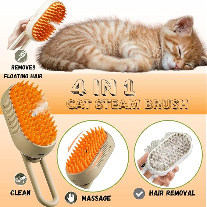 4-in-1 Cat Steam Brush | Rechargeable & Anti-Static | Massage & Cleaning | Shedding & Combing in One!