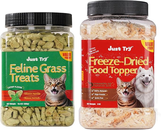 Just Try 13.4 OZ Cat Grass Treats Hairball Control + 8 OZ Freeze Dried Cat & Dog Food Toppers Chicken Egg Yolk Antarctic Krill
