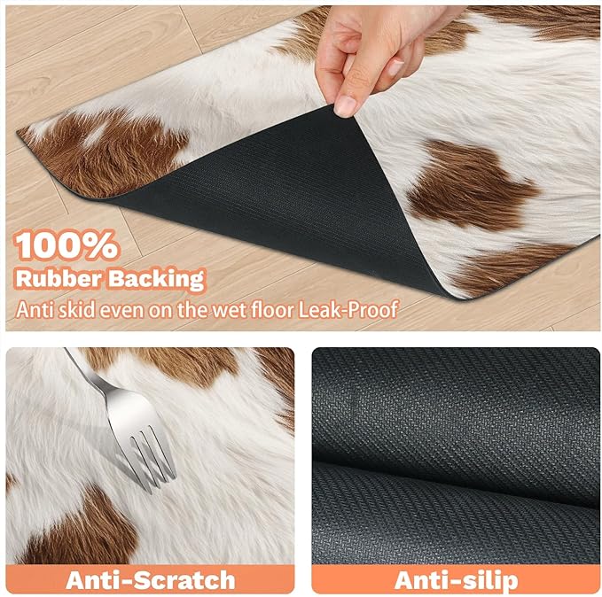 Cow Print Dog Food Mat for Floors Absorbent Dog Bowl Mat for Food and Water Dispenser Quick Dry Cat Food Placemat Pet Supplies 12" x 20", Brown White Skin