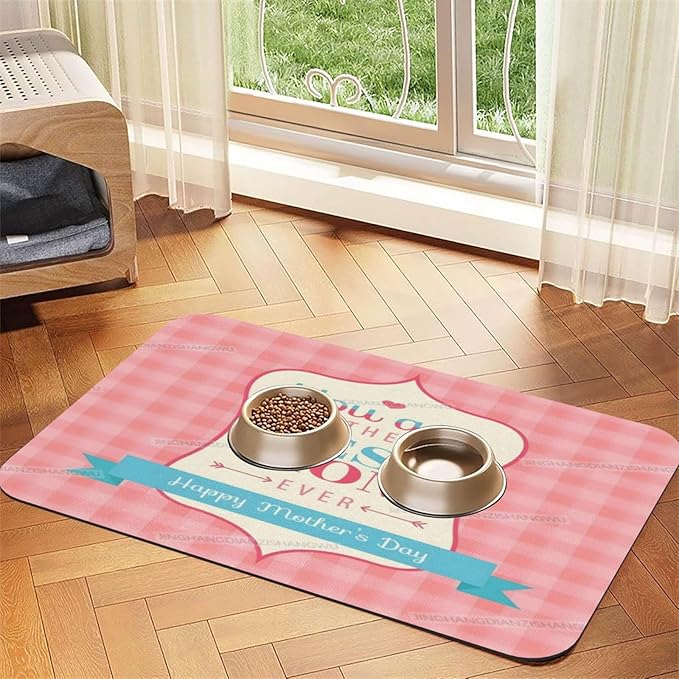 Pet Cat Dog Food Mat Absorbent Dog Feeding Mat Happy Mother's Day Floral Gift Mom N No Stains Cat Food Mats Indoor Pet Supplies Dogs Placemat Water Bowl Mats with Rubber Backing 18X12In