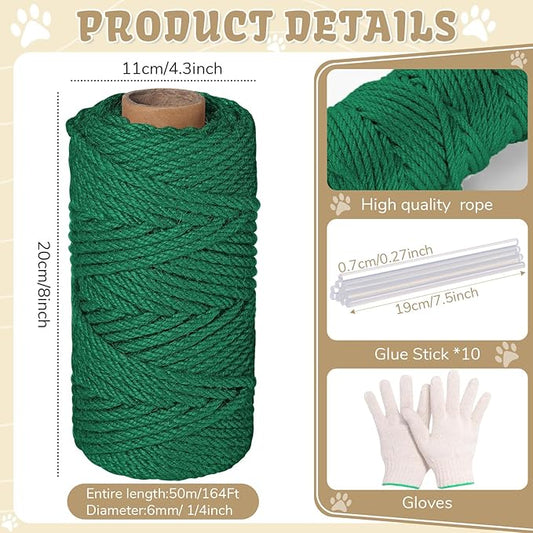 1/4inch ×164Ft Natural Cat Tree Hemp Rope, DIY Repair and Replace Scratching Post Sisal Rope for Scratching Post Cat Tree Tower DIY(Green)