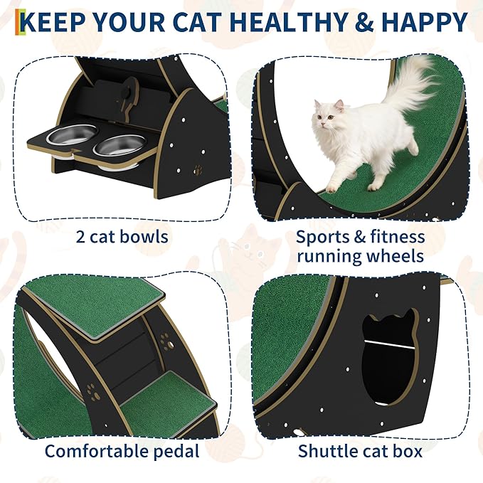 Cat Wheels for Indoor Cats, 48" Large Treadmill Wheel for Indoor Cats with Bowls, Scratch Post, 3-Level Jumping Tower, Cat Exercise Wheel for Running Walking Training