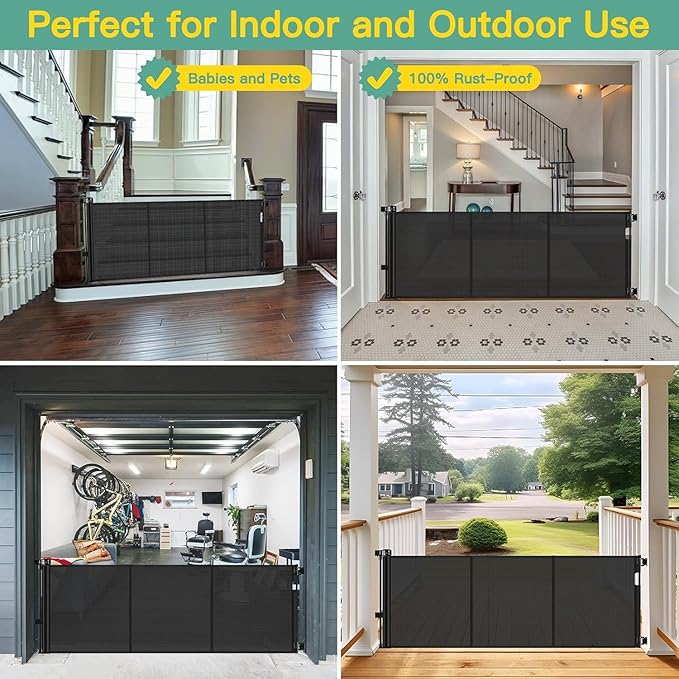 Reinforced 60" Wide Retractable Baby Gates with Upgraded Rods - Bottom Anti-Escape, 5 ft Mesh Baby Gate Retractable Dog Gate Indoor Pet Gate Retractable Stair Gate Outdoor Retractable Gate, Black