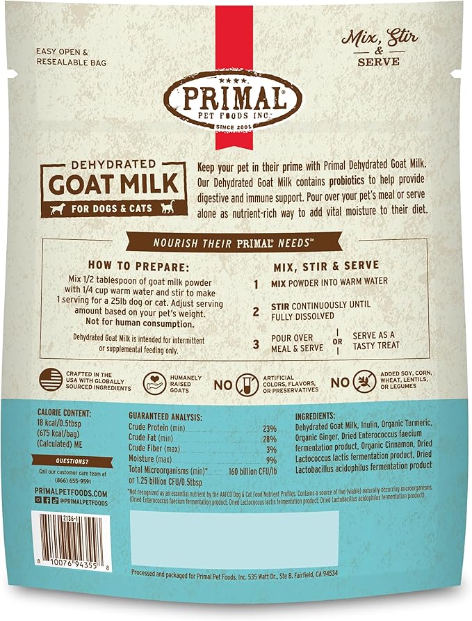 Primal Goat Milk Powder for Dogs and Cats, Shelf Stable Food Topper with Probiotics for Digestion, Hydration, and Immune Support, Original Recipe 5.2oz Pouch